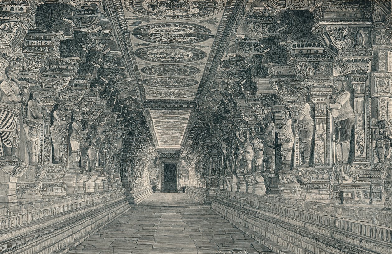 Pylväikkö hindutemppelin sisätiloissa Rameswaramin saarella Etelä-Intiassa, c1903, tekijältä Unbekannt