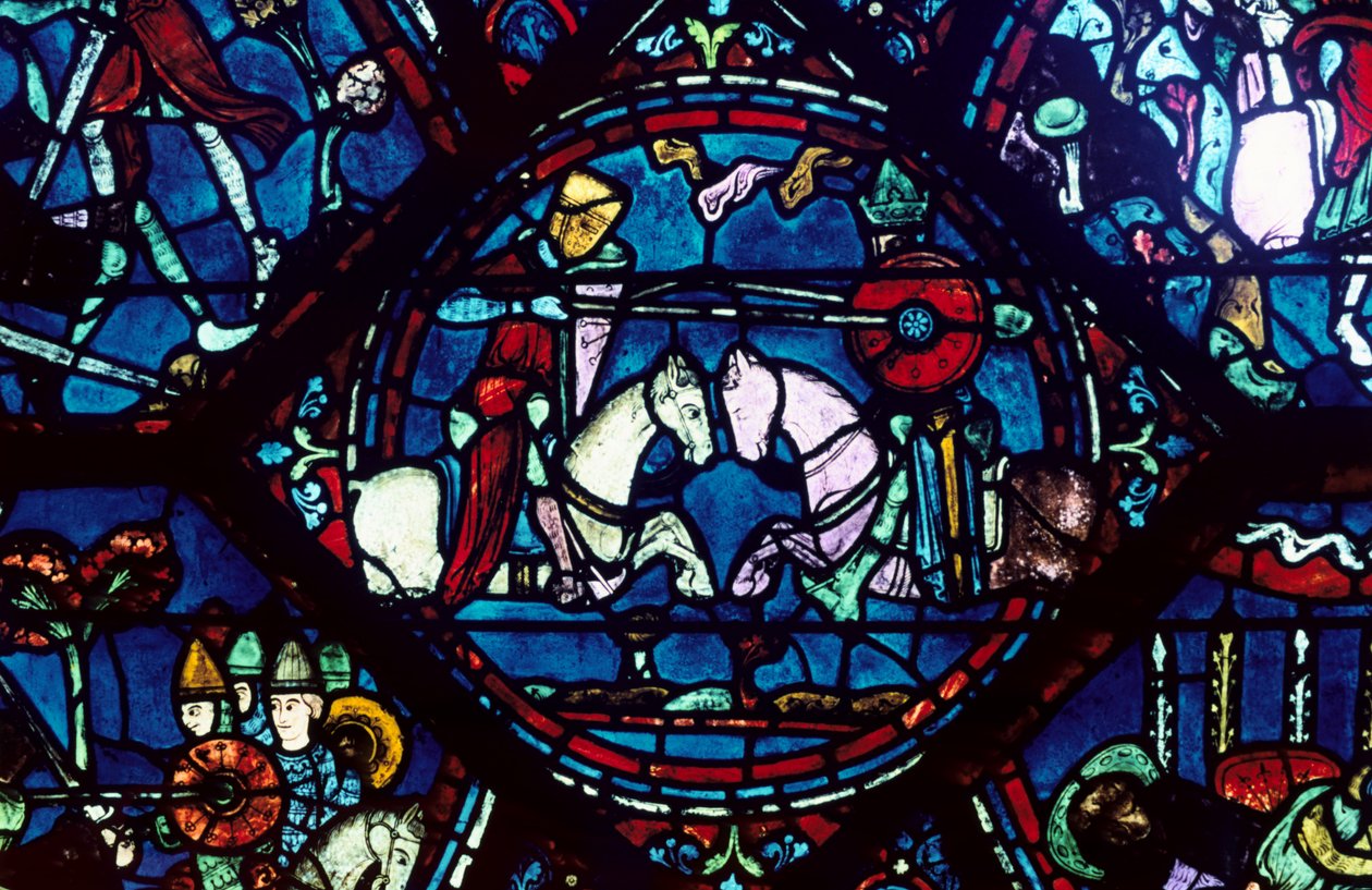 Taistelu Rolandin ja King Marsilen välillä, lasimaalaus, Chartresin katedraali, Ranska, 1194-1260 tekijältä Unbekannt