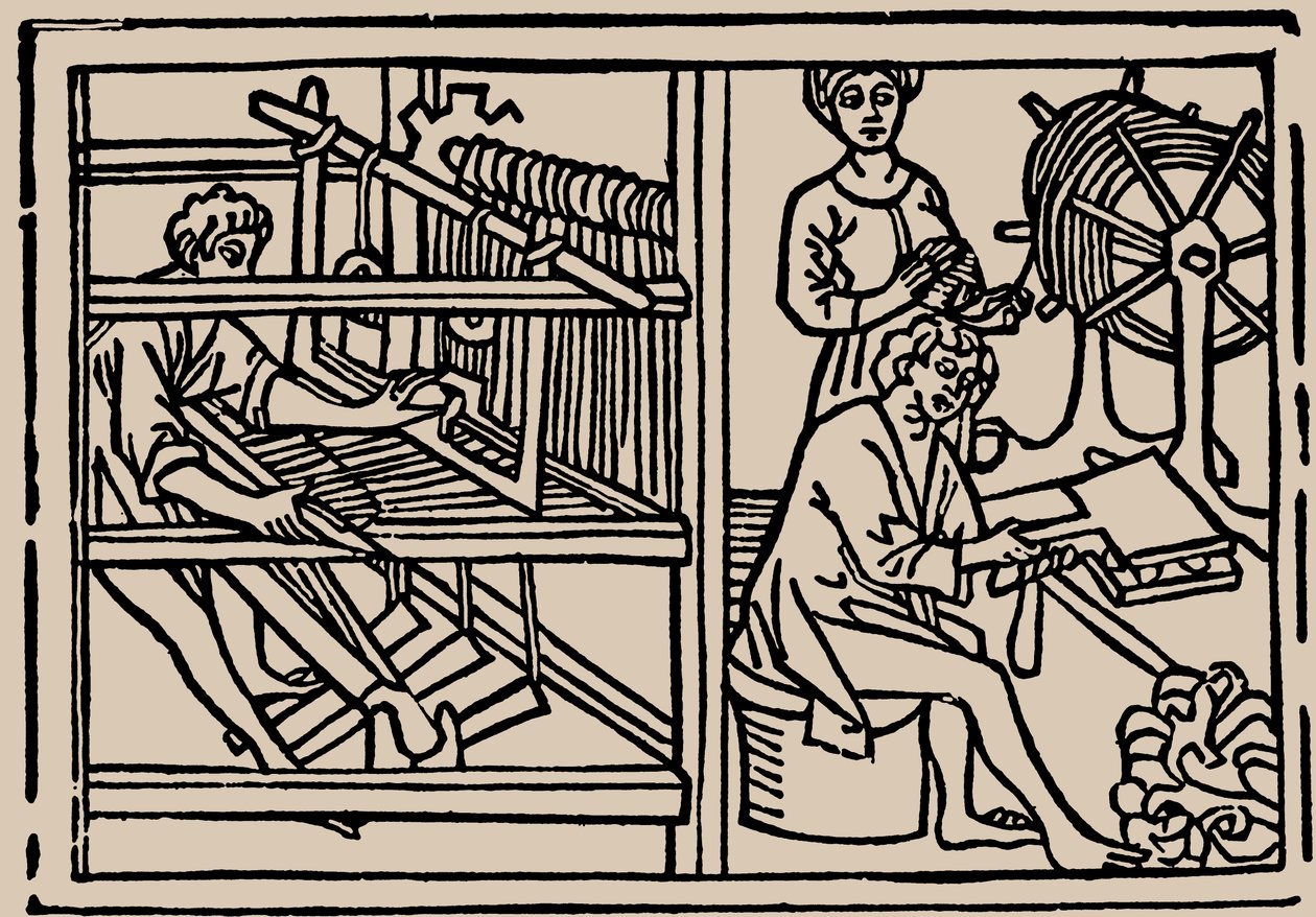 Villan kampaus, kehräys ja kudonta. Rodericus Zamorensiksen Speculum Vitae Humanaesta, 1479. tekijältä Unbekannt