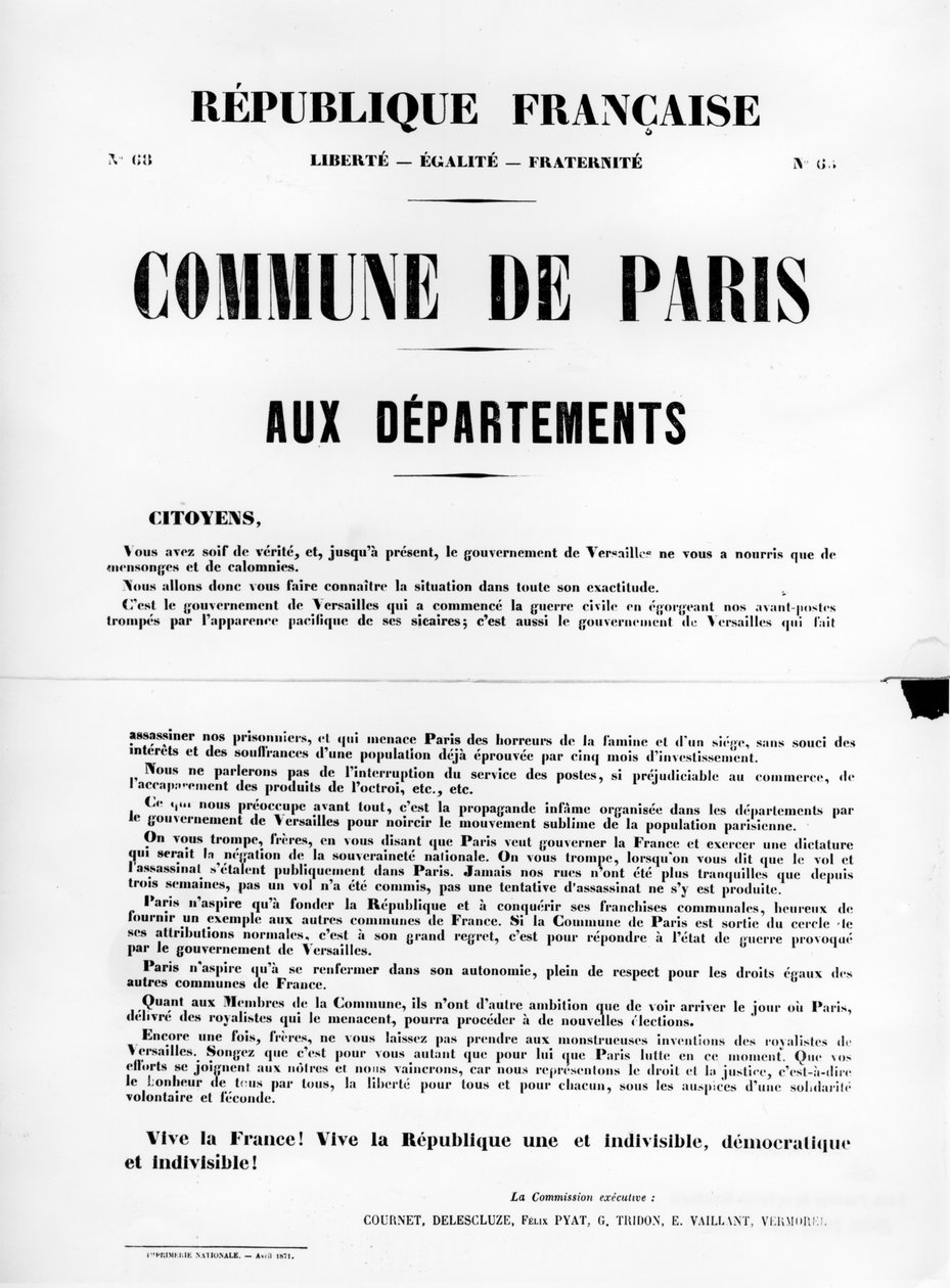 Commune de Paris, Pariisin kommuunin Ranskan poliittisista julisteista, toukokuu 1871 tekijältä Unbekannt