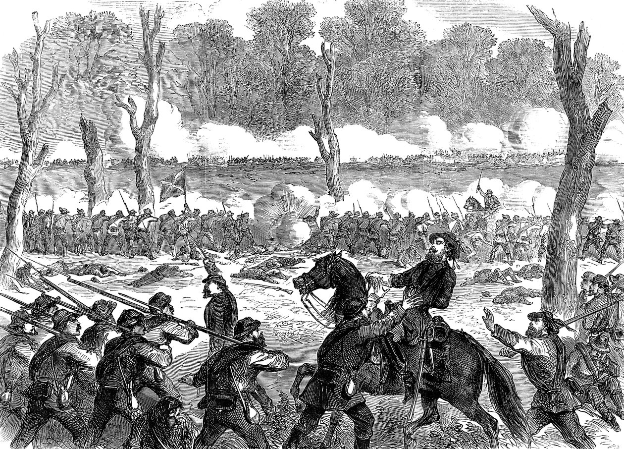 Konfederaation kenraali Hood haavoittui Chickamaugan taistelussa, Yhdysvaltain sisällissodassa 1863 tekijältä Unbekannt