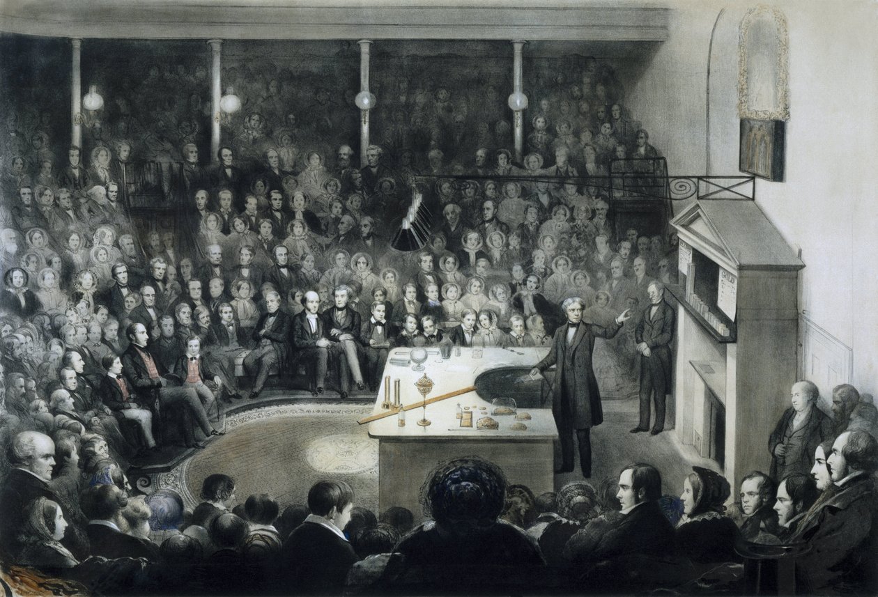 Fyysikko Michael Faradayn (1791-1867) luento Lontoon kuninkaallisen instituutin edessä 27. joulukuuta 1855 Saxe Cobourg Gothan (Saxe-Cobourg-Gotha) prinssi Albertin läsnä ollessa tekijältä Unbekannt