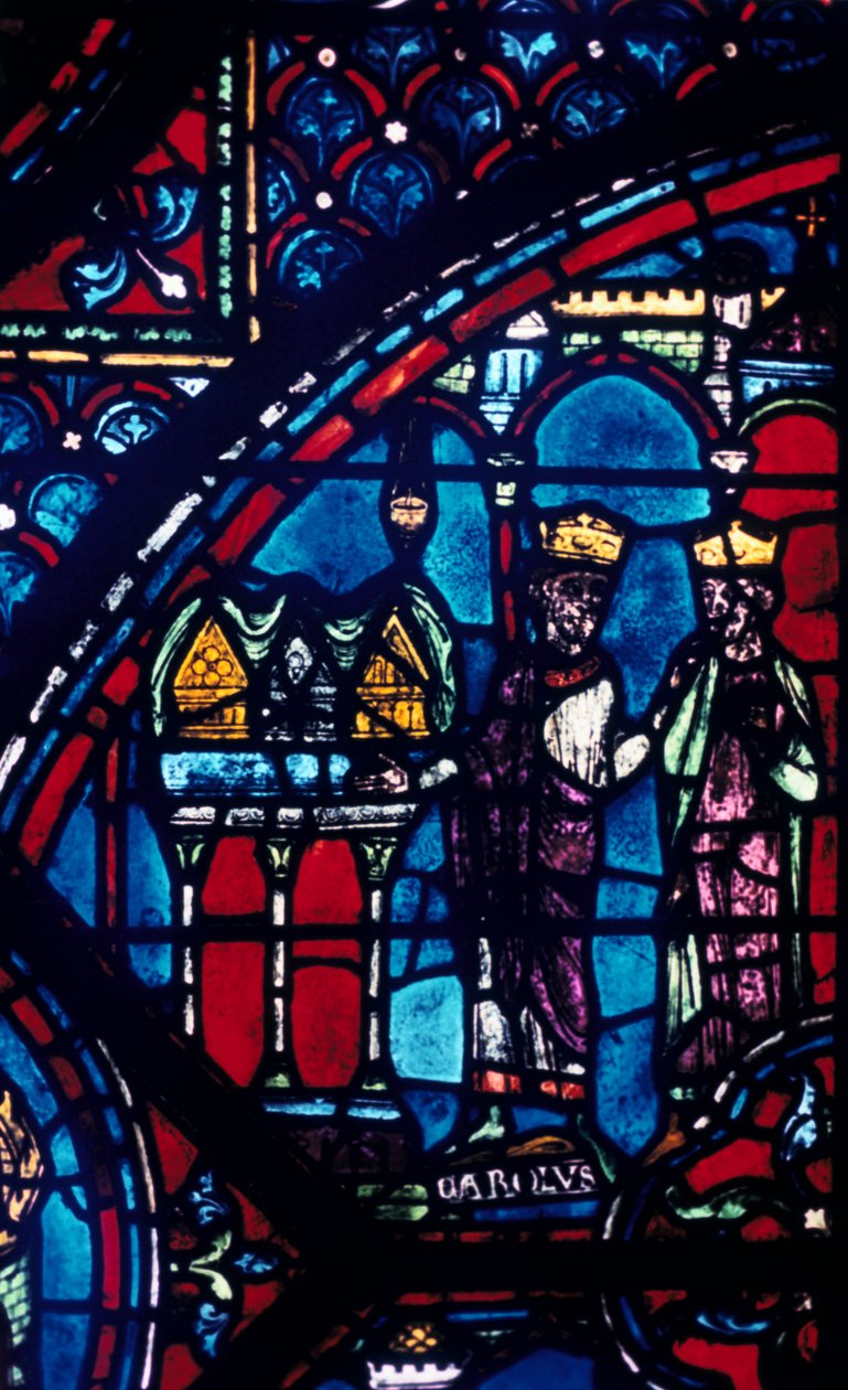 Constantine esittelee pyhäinjäännöksiä Kaarle Suurelle, lasimaalauksia, Chartresin katedraali, Ranska, c1225 tekijältä Unbekannt