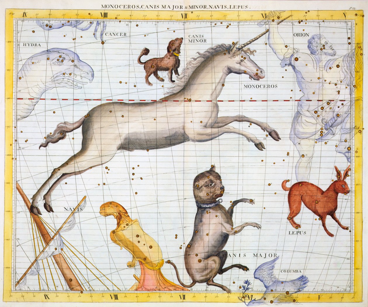 Monoceroksen, Canis Majorin ja Canis Minorin tähtikuviot, 1729 tekijältä Unbekannt