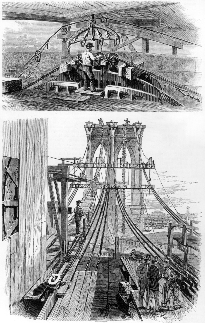Brooklynin riippusillan rakentaminen, New York, Yhdysvallat, 1880 tekijältä Unbekannt