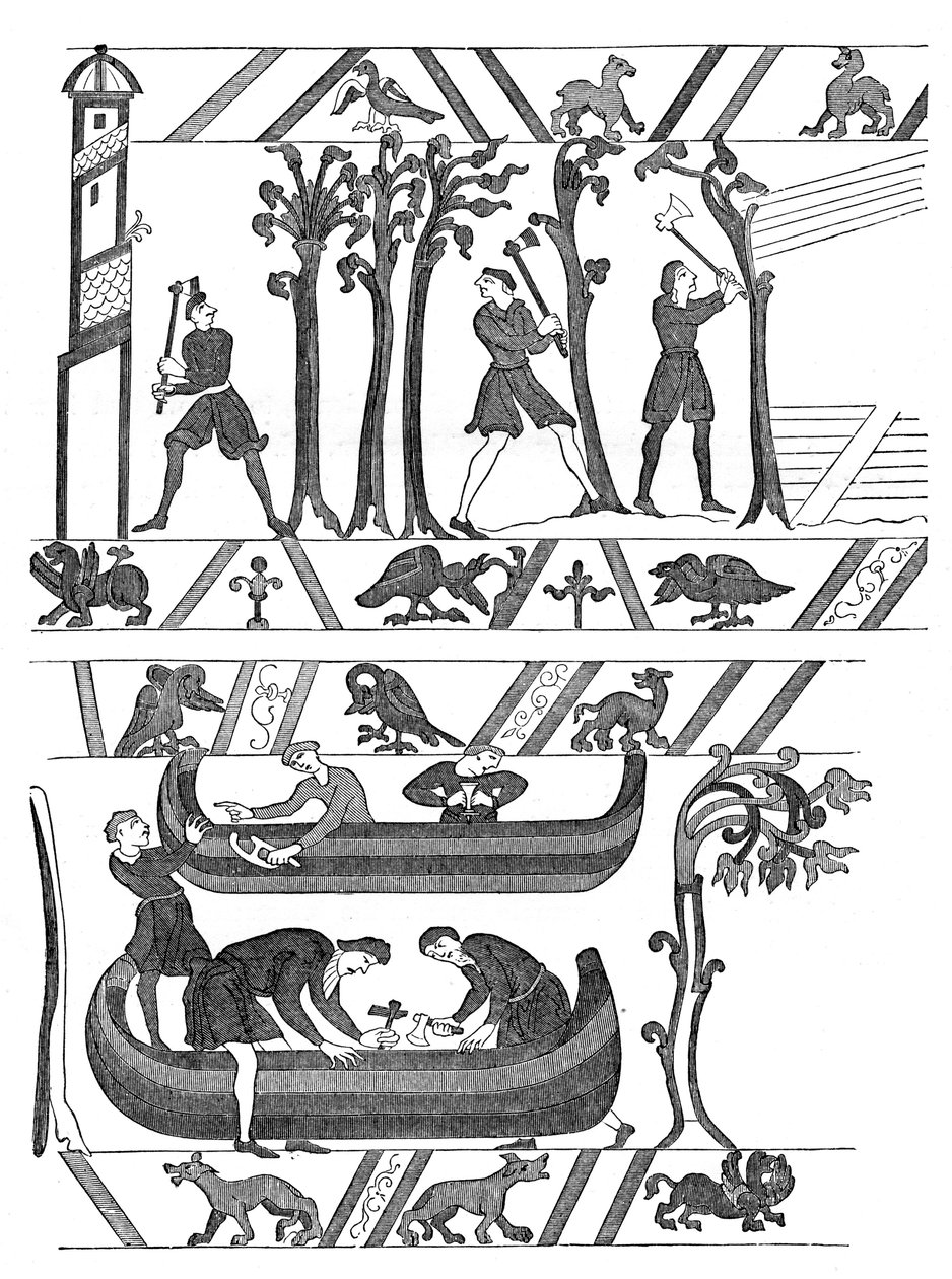 William I:n veneiden rakentaminen, Bayeux Tapestry, c1070s, 1870 tekijältä Unbekannt