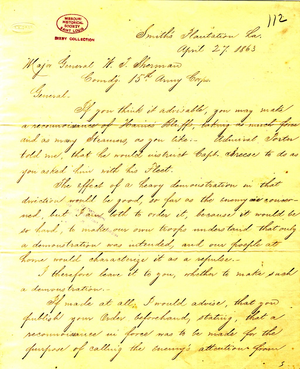 Nykyaikainen kopio Yhdysvaltain Grantin, Smithin Plantation, Louisiana, kirjeestä kenraali W. T. Shermanille, 27. huhtikuuta 1863 tekijältä Unbekannt