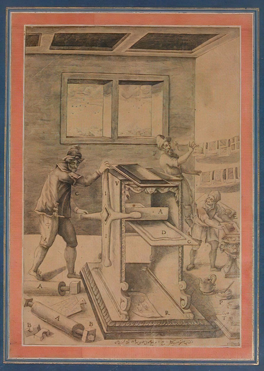 Copper Plate Printers at Work, Folio Davis Albumista, Iran, päivätty A.H. 1199A.D. 1784-85. tekijältä Unbekannt