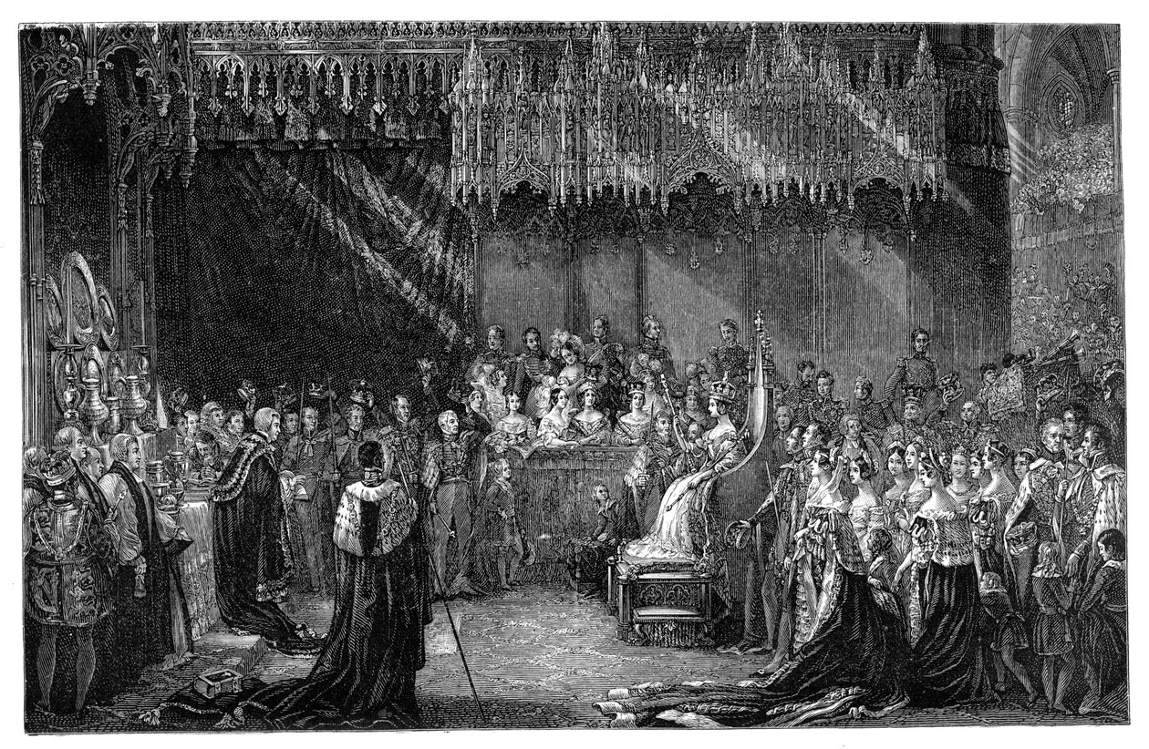 Kuningatar Victorian kruunaus Westminster Abbeyssa Lontoossa, 28. kesäkuuta 1838, 1900 tekijältä Unbekannt