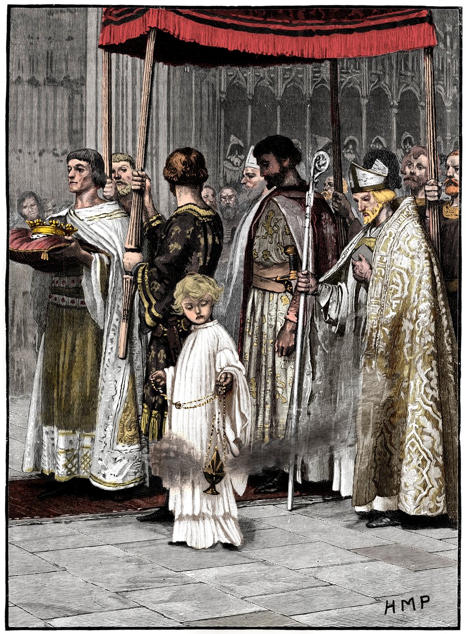 Richard I:n kruunaus Westminster Abbeyssa 1189, n. 1880 tekijältä Unbekannt