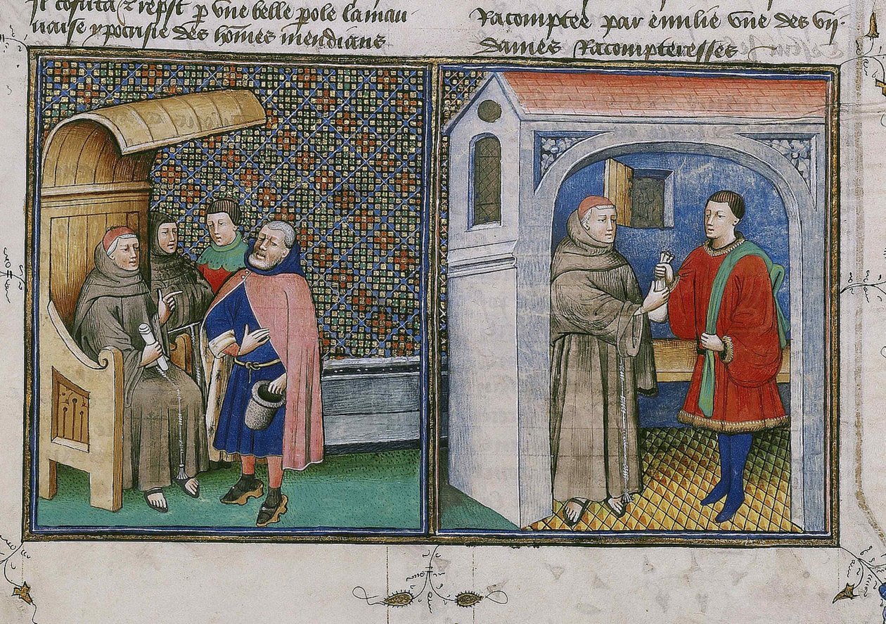 Korruptio. Miniatyyri Giovanni Boccaccion kirjasta nimeltä Decameron, 1460-luku. tekijältä Unbekannt