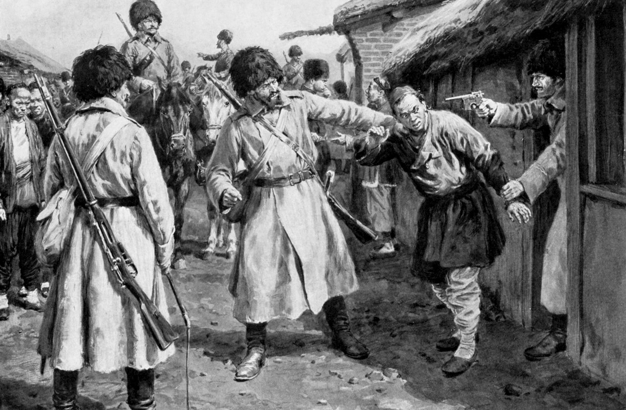Kasakat etsivät japanilaisia vakoojia mantšurialaiskylässä, Venäjän ja Japanin sota, 1904-5 tekijältä Unbekannt