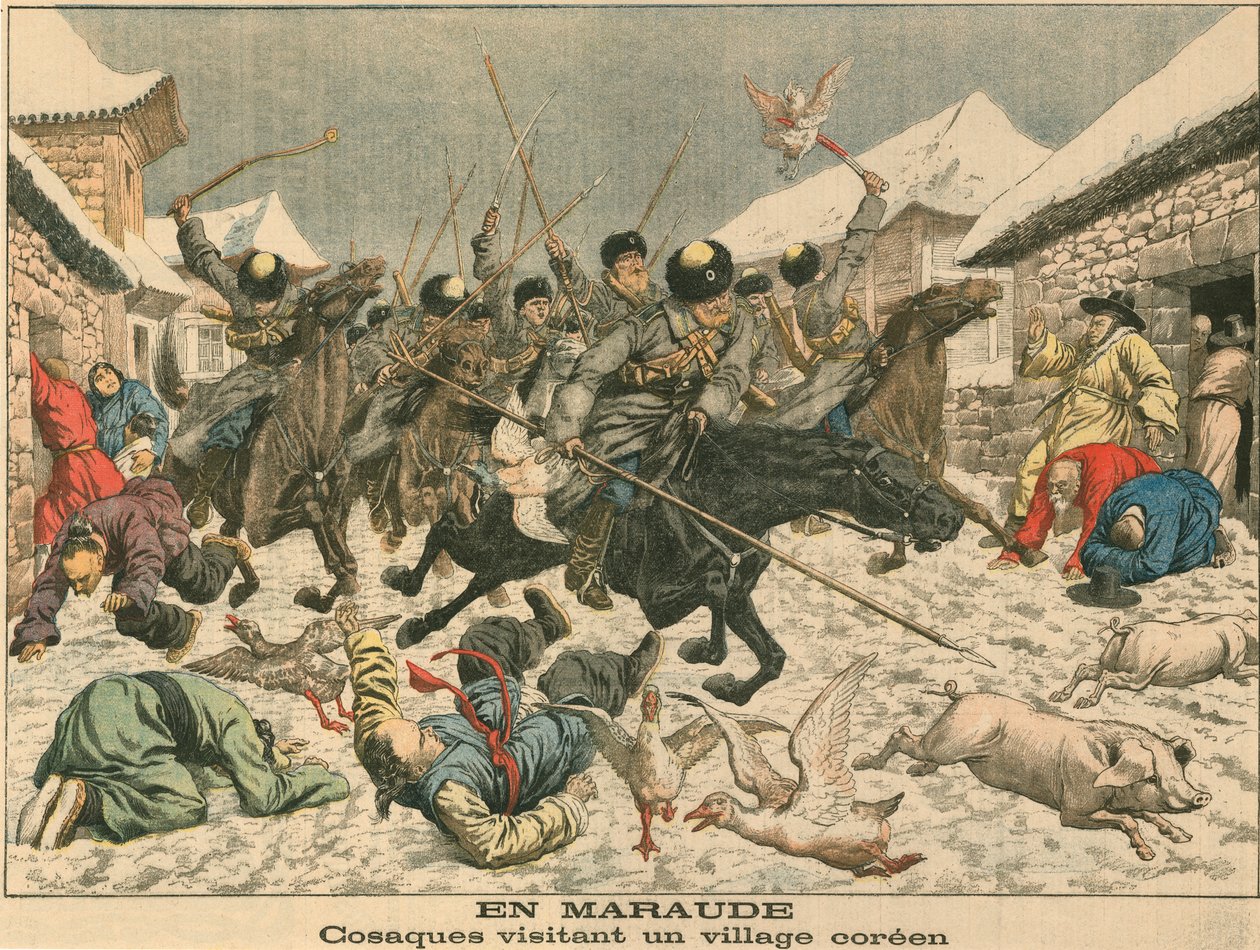 Kasakat terrorisoivat korealaista kylää, Venäjän ja Japanin sota, 1904 tekijältä Unbekannt