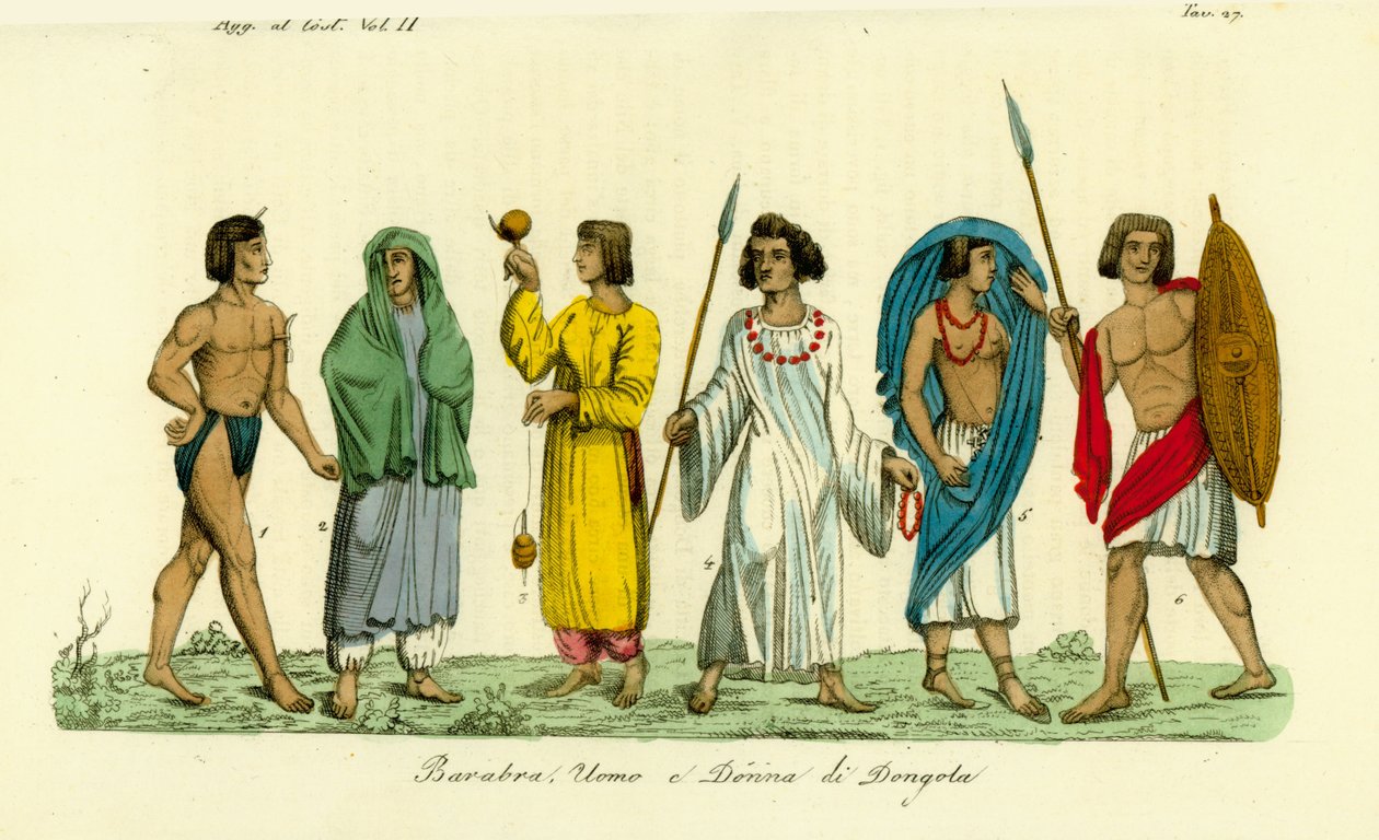 Nubian kansan (Barabra) miesten ja naisten puvut Dongolassa (Dunqulah) tekijältä Unbekannt