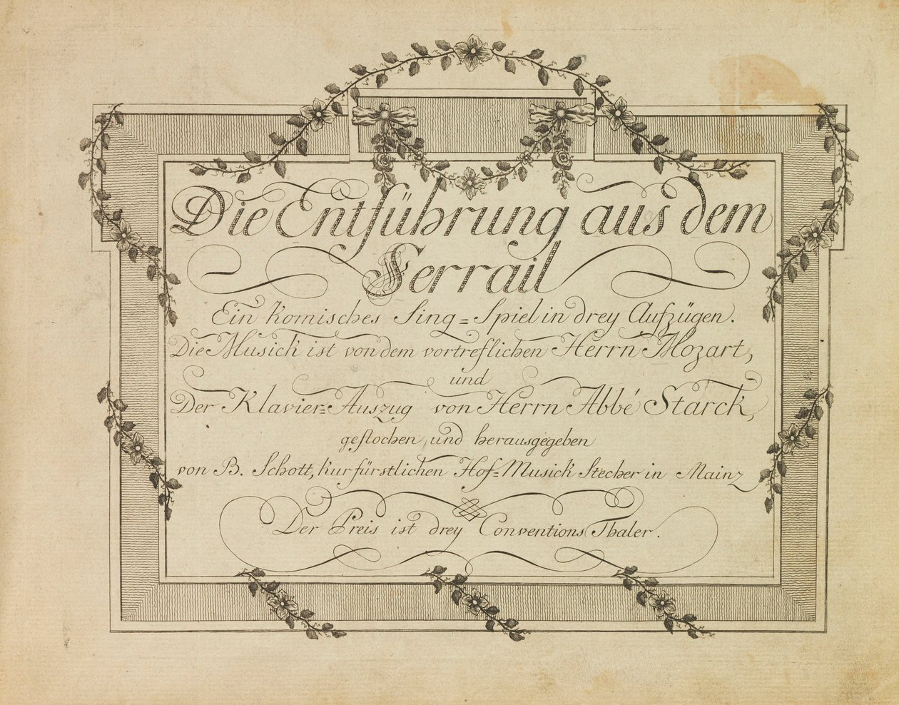 Kansi Mozartin oopperan Sieppaus Seragliosta ensimmäisestä painoksesta, perässä 1786 tekijältä Unbekannt