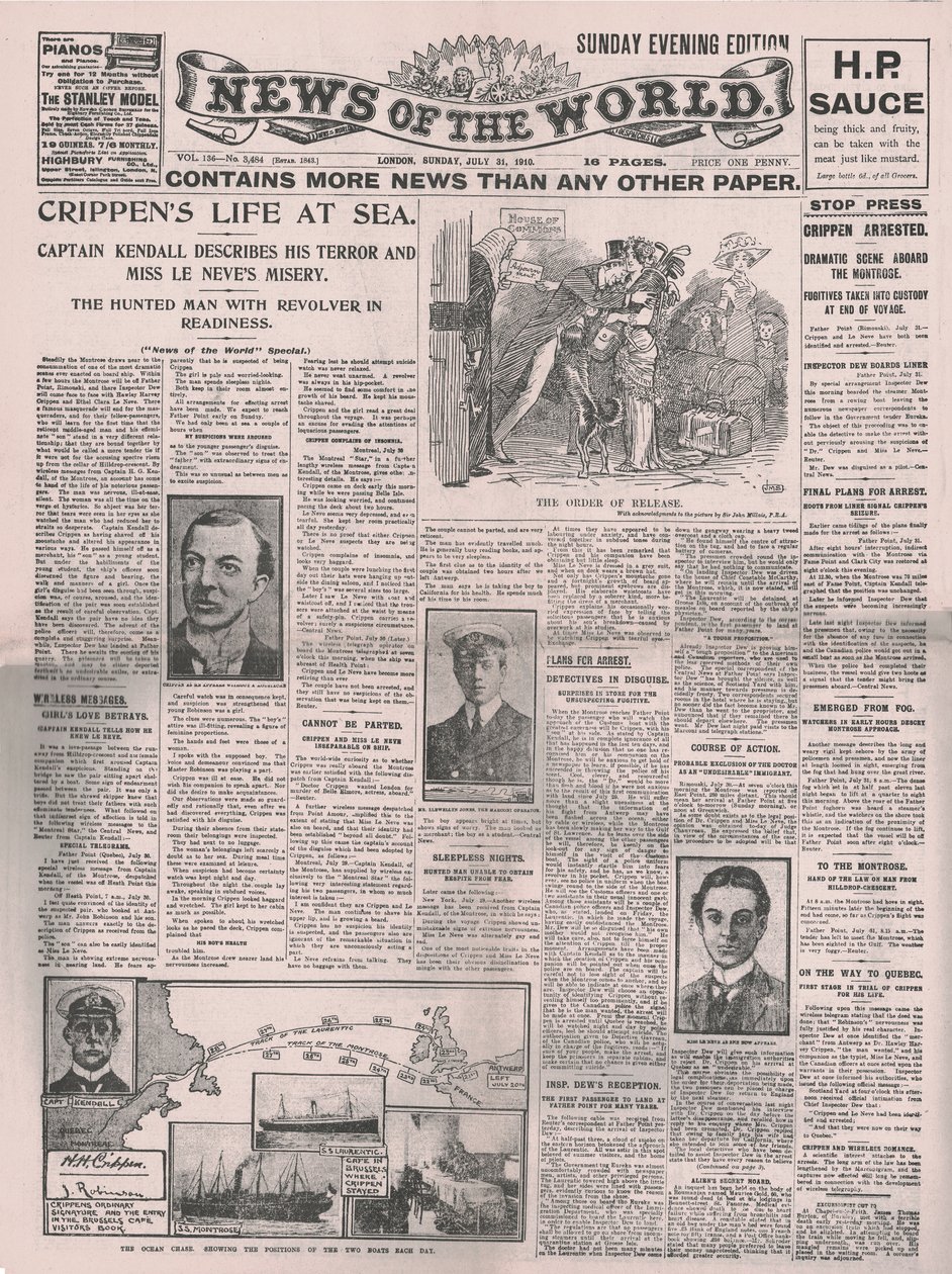 Crippens Life at Sea, News of the World -lehden etusivu, 31. heinäkuuta 1910. tekijältä Unbekannt