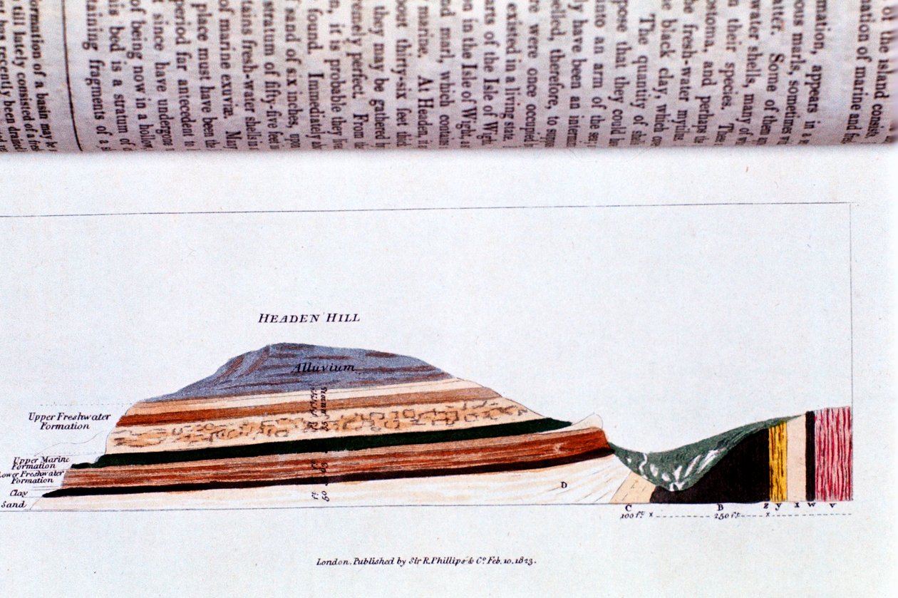 Poikkileikkaus Headen Hillistä lähellä Alum Baytä, Isle of Wightin geologiset kerrokset, 1823 tekijältä Unbekannt