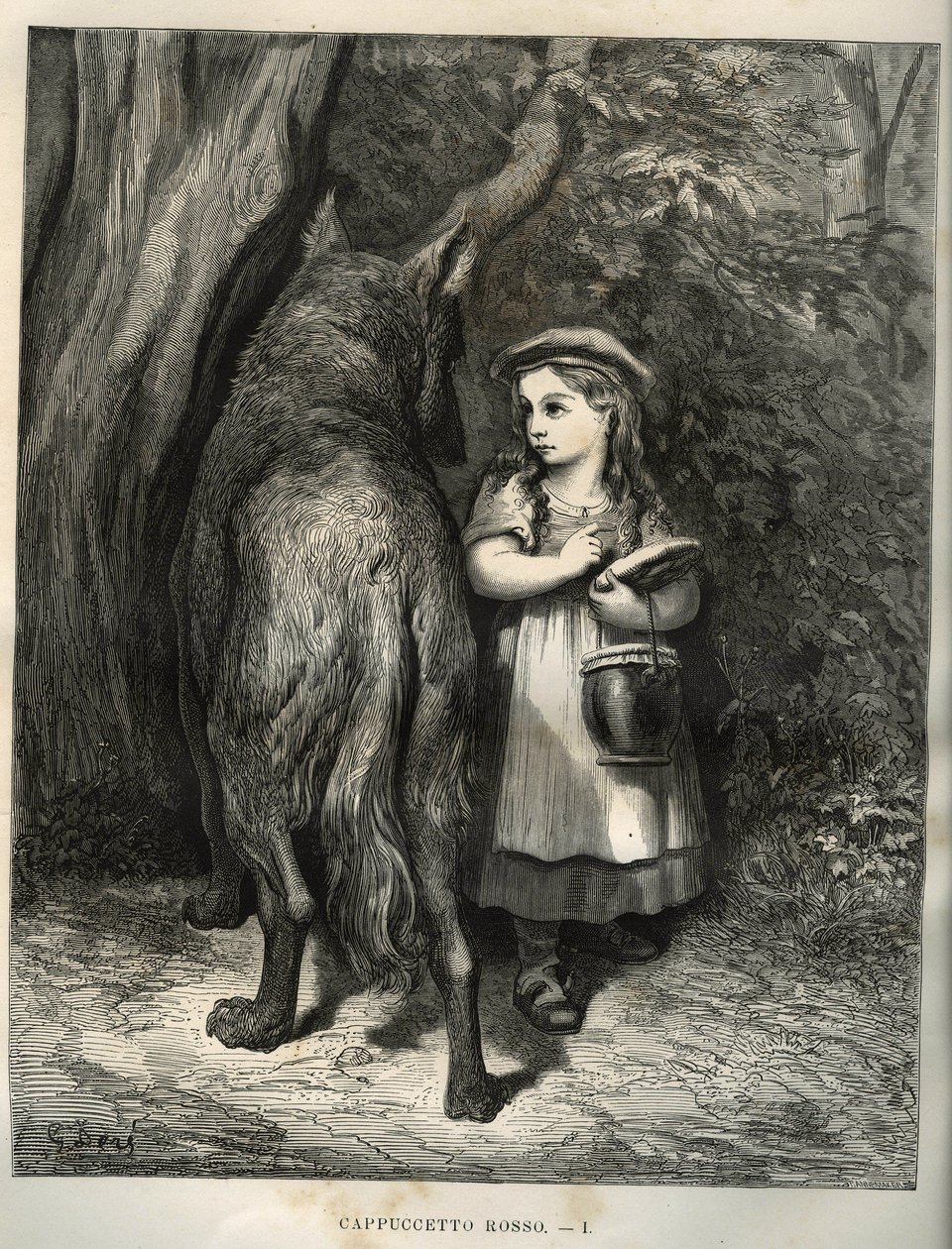 Metsän ylittäessä pieni punahilkka kohtaa suden. Gustave Doren (1832-1883) kaiverrus Charles Perraultin (1628-1703) teoksesta "Les contes" tekijältä Unbekannt