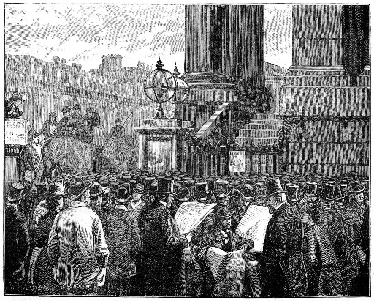 Yleisö Mansion Housessa lukemassa tiedotetta Walesin prinssin sairaudesta, 1871 1900 tekijältä Unbekannt