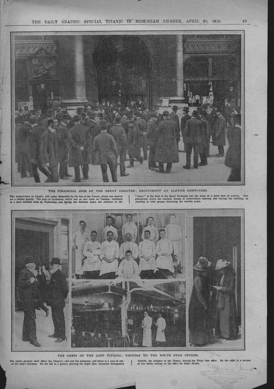 Väkijoukkoja Lloyds of Londonin ulkopuolella, kokit laivalla ja White Star -toimistot, 20. huhtikuuta 1912. tekijältä Unbekannt