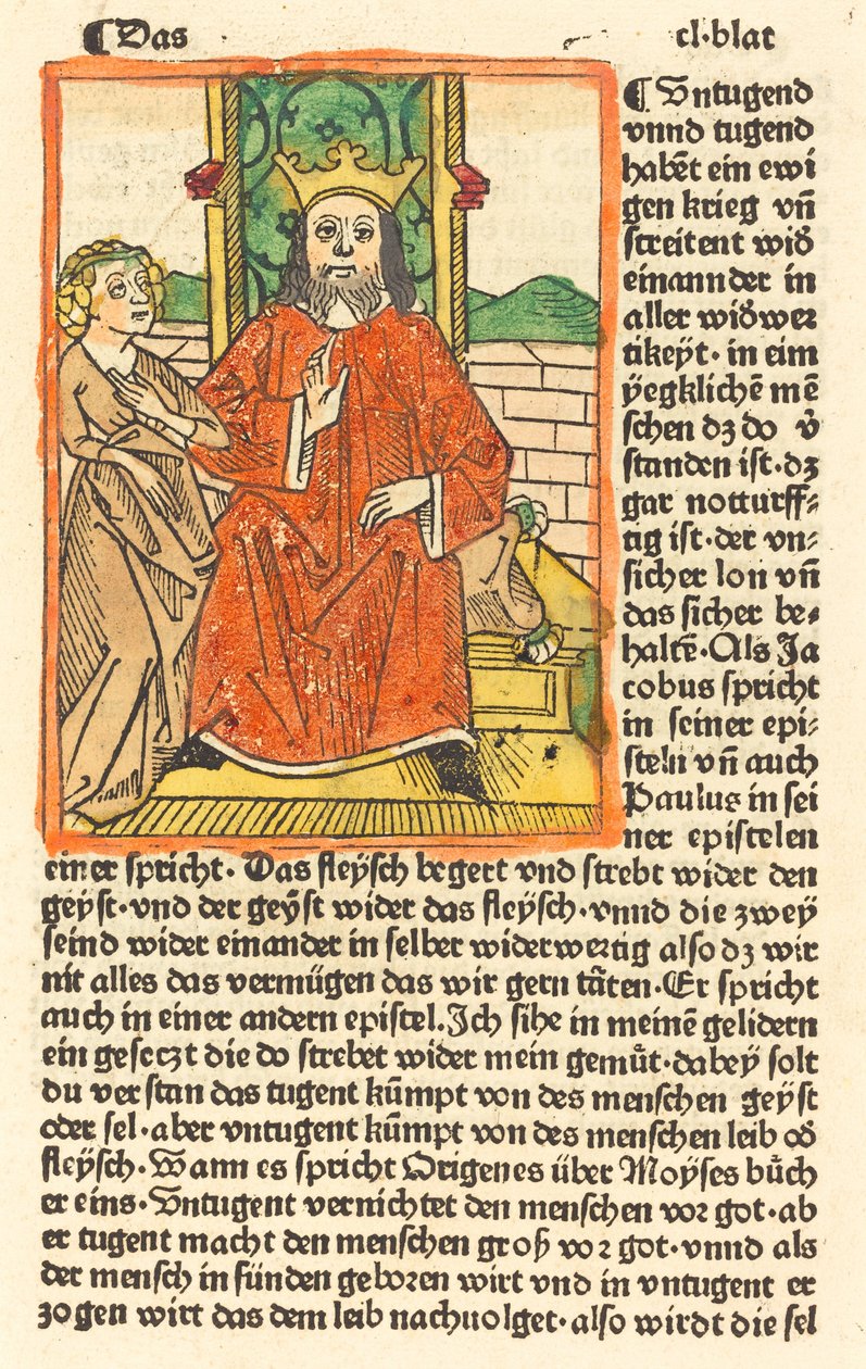 Kruunattu mies valtaistuimella Neitsyt seisoo vasemmalla, c. 1479. tekijältä Unbekannt