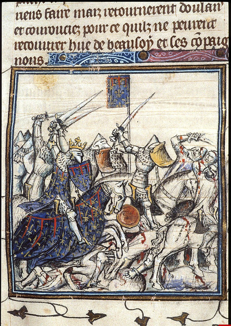 Ristiretkeläisten ja saraseenien taistelut kolmannen ristiretken aikana Chroniques de France ou de St Denisistä, vuoden 1380 jälkeen tekijältä Unbekannt