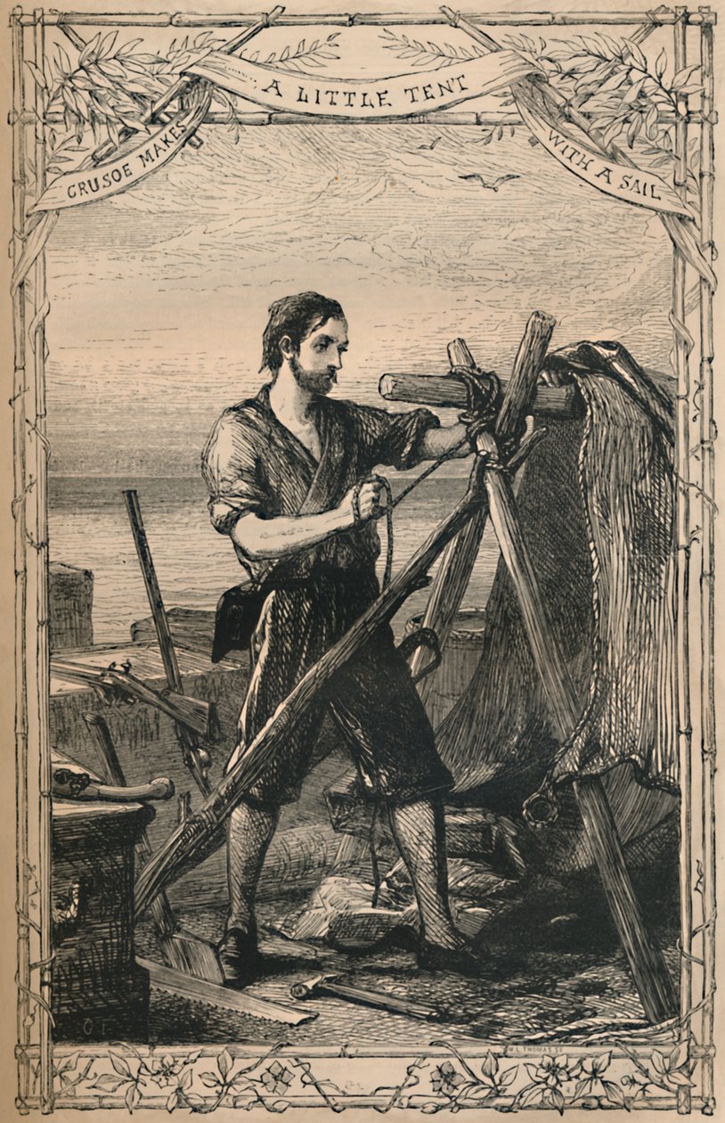 Crusoe tekee pienen teltan purjeella, c1870 tekijältä Unbekannt