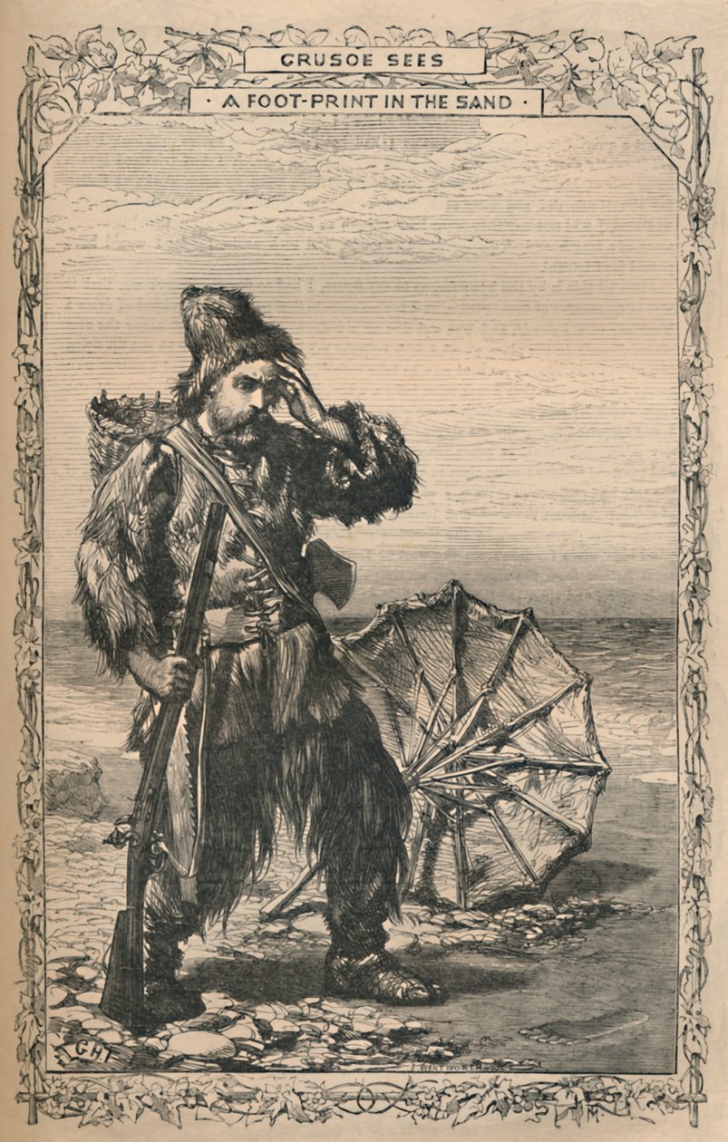Crusoe näkee jalanjäljen hiekassa, c1870 tekijältä Unbekannt