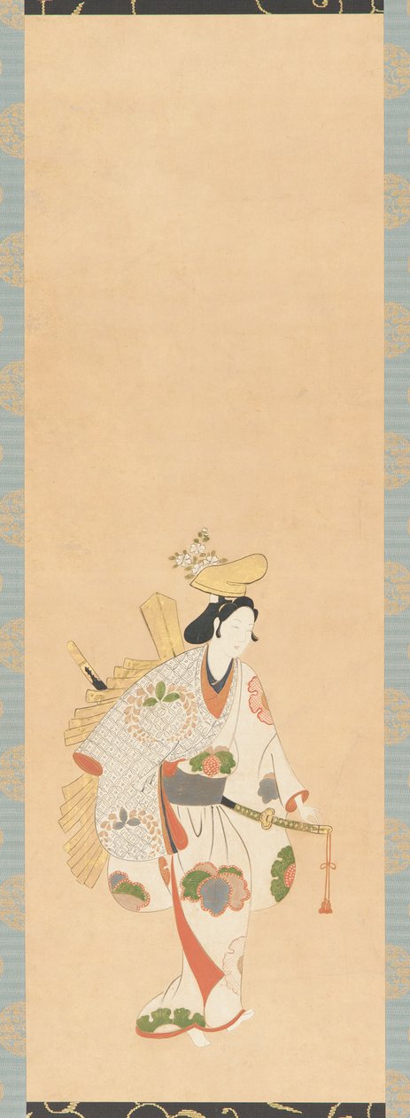 Tanssija valkoisessa mekossa, kuvioitu värillisillä lehdillä..., Edo-kausi, Kambun-aika, 1661-1673. tekijältä Unbekannt