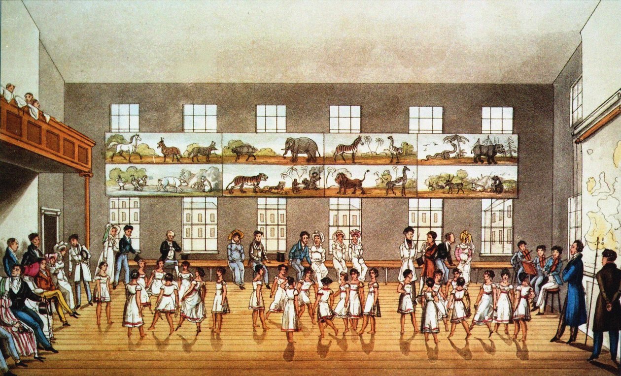 Tanssitunti Robert Owenin säätiössä New Lanarkissa, 1823. tekijältä Unbekannt