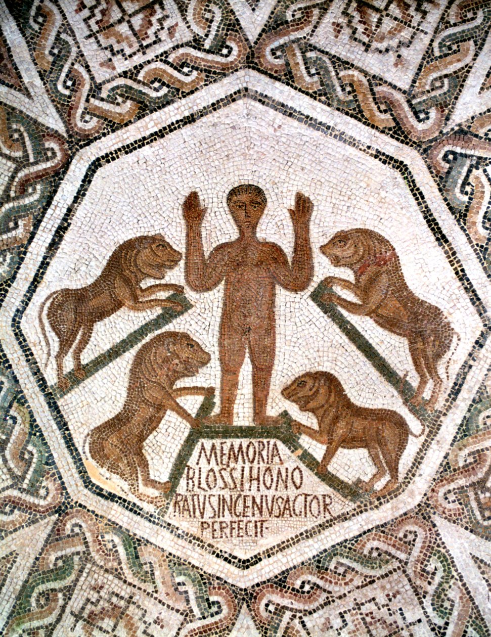 Daniel leijonan luolassa, roomalainen mosaiikki Bordj El Loudista, Tunisiasta, 5. vuosisadalla jKr. tekijältä Unbekannt