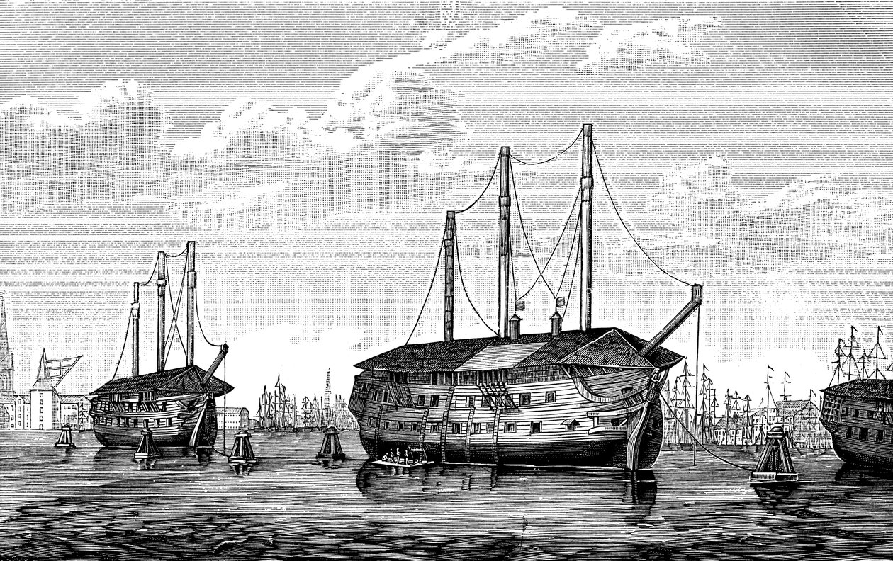 Tanskalaiset vankila-alukset Dronning Maria ja Waldemar, Kööpenhamina, 1848-1849. tekijältä Unbekannt