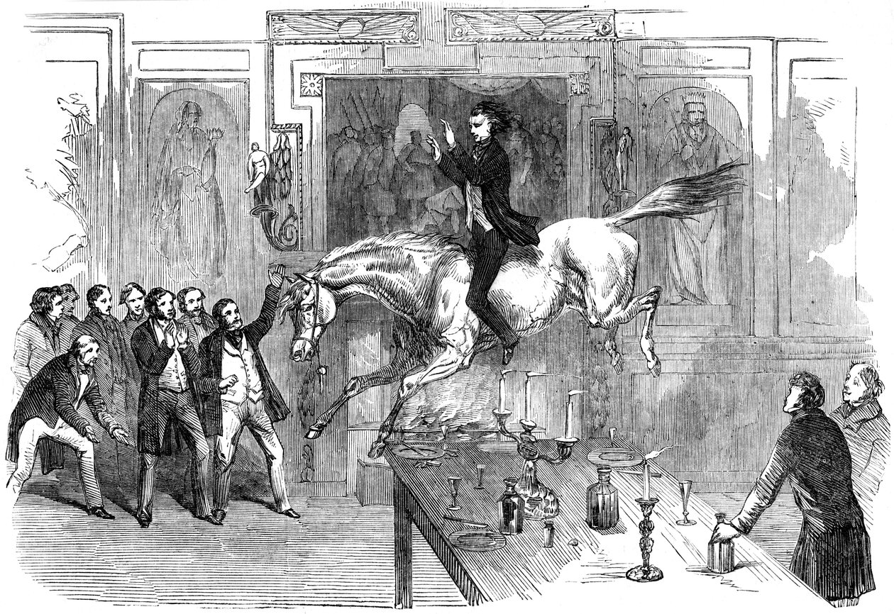 Rohkea hyppy White Hart -hotellin ruokasalissa, Aylesbury, Buckinghamshire, 1800-luku tekijältä Unbekannt