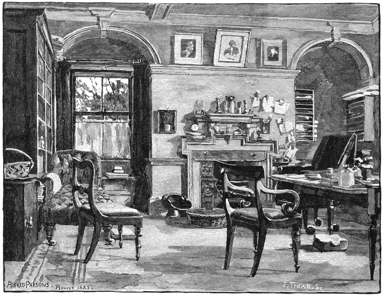 Darwins opiskelee Down Housessa, kodissaan lähellä Beckenhamia Kentissä, 1883 tekijältä Unbekannt