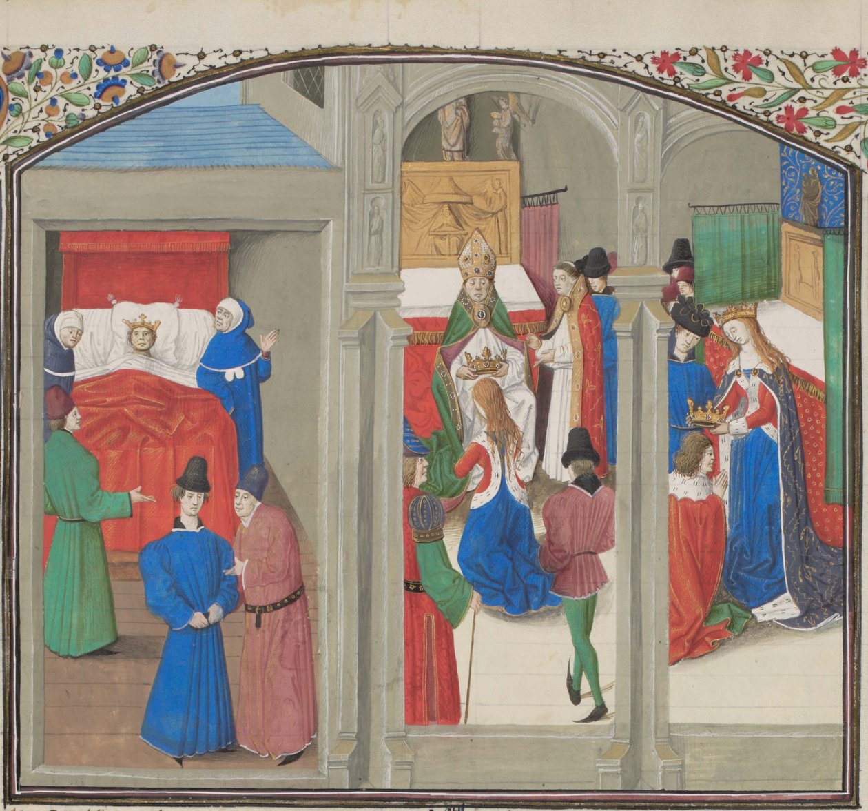 Baldwin IV:n kuolema. Guy of Lusignanin kruunaus. Vilhelmin Tyroksen miniatyyri Historiasta, 1460-luku tekijältä Unbekannt