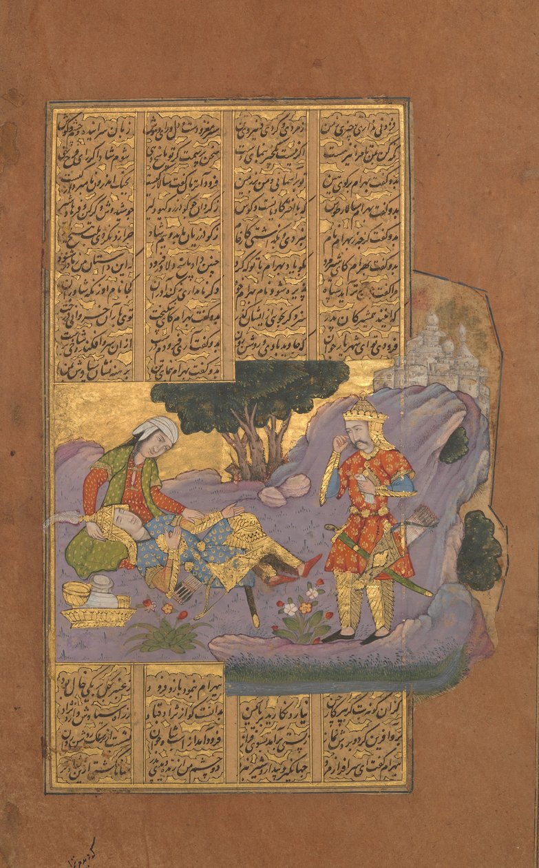 Farudin kuolema, Folio Firdausin kuninkaiden Shahnama-kirjasta, n. 1610. tekijältä Unbekannt