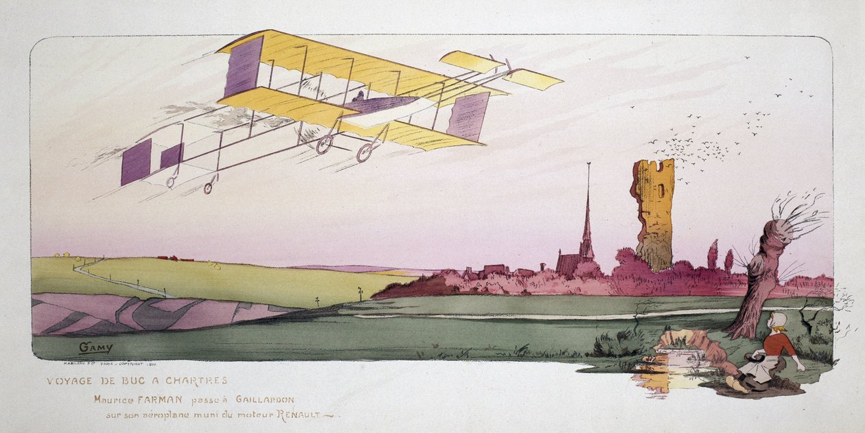 Ilmailun alku: Maurice Farman (1878-1964) Renault-moottorilla varustetussa kaksitasossa "Voyage de Bac a Chartres" -kilpailun aikana, noin 1910 tekijältä Unbekannt