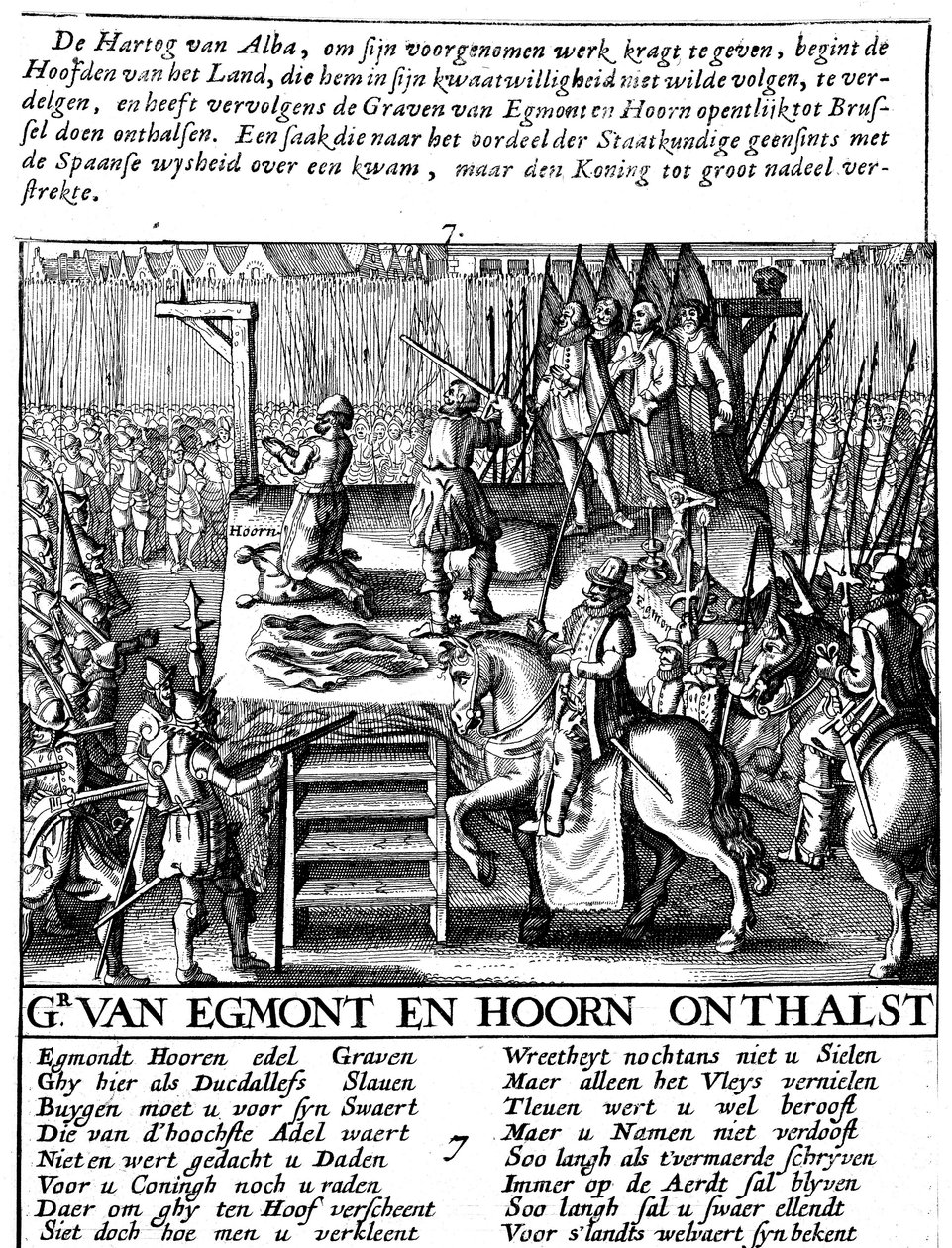 Kreivi Egmontin ja Hoornin mestaus Brysselissä Espanjan tyrannian aikana Alankomaissa, 1568 tekijältä Unbekannt