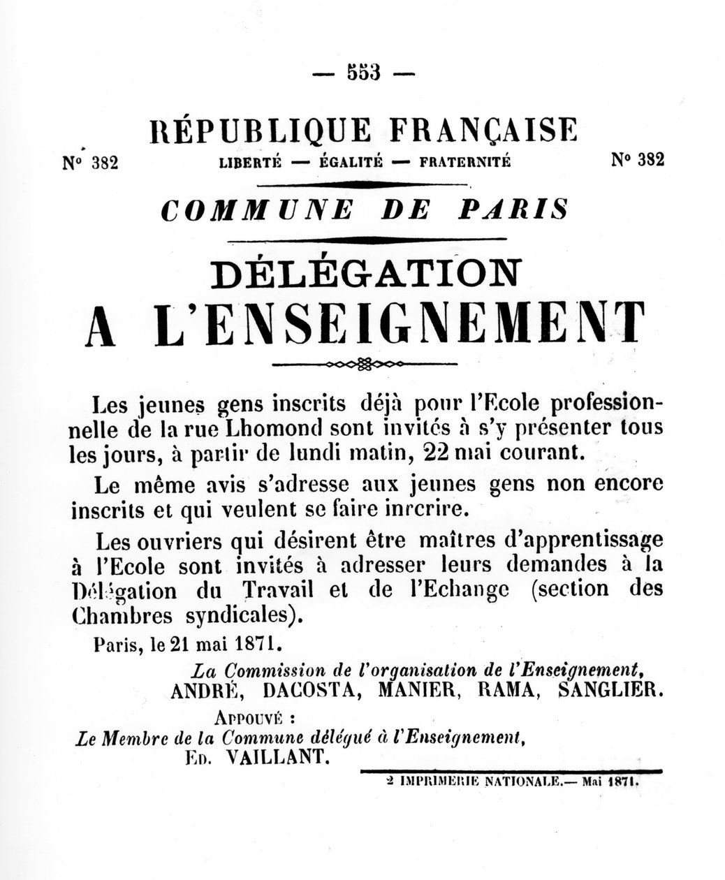 Delegaatio a LEnseignement, Pariisin kommuunin Ranskan poliittisista julisteista, toukokuu 1871 tekijältä Unbekannt