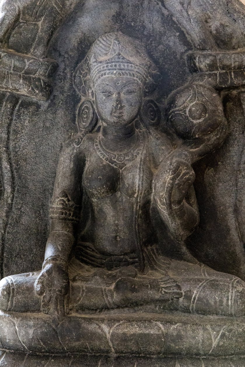 Delhin kansallismuseo. Gaja-Lakshmi (norsut suihkuttavat vettä jumalatar Lakshmin päälle). Pala, 9. vuosisadalla jKr. Bihar. Kivi. Yksityiskohta. Intia. tekijältä Unbekannt
