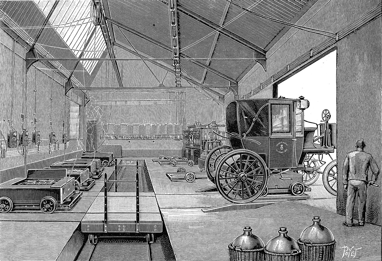 Varasto, jossa sähkökäyttöiset Paris-ohjaamot varustettiin juuri ladatuilla akuilla, 1899 tekijältä Unbekannt
