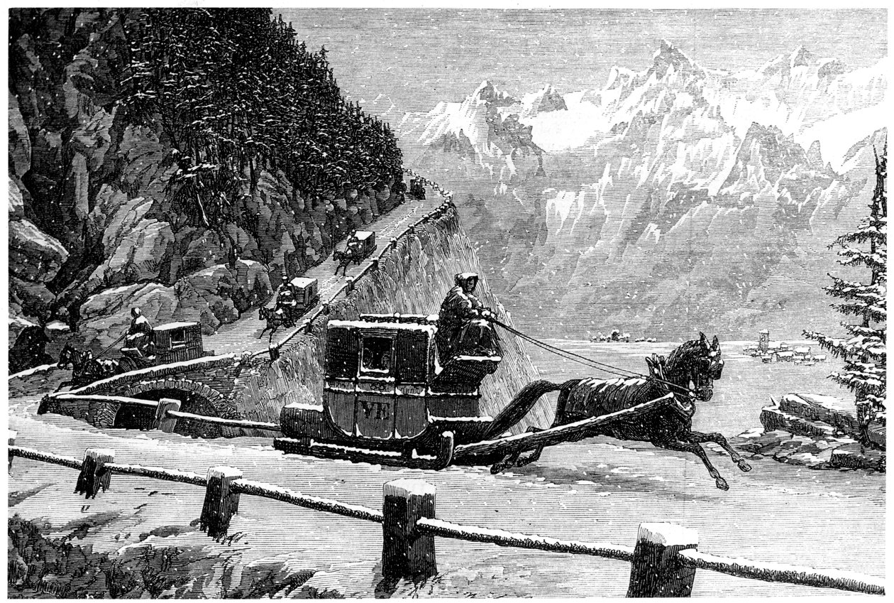 Talvella laskeutuminen Mont Cenis -solasta hevosrekillä, 1800-luku tekijältä Unbekannt