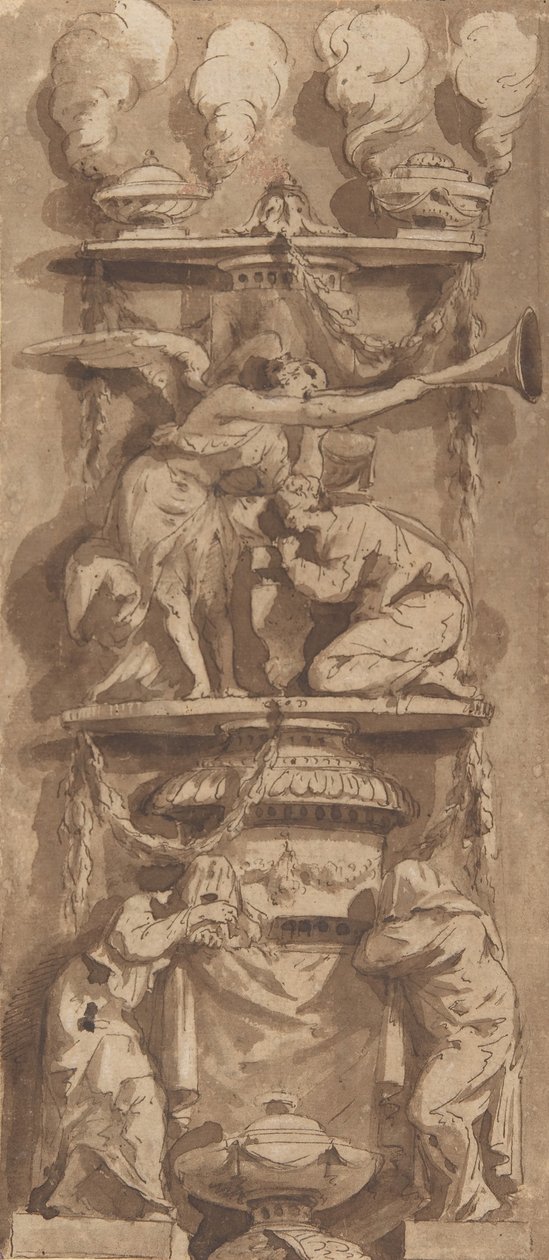 Suunnitelma hautamonumentille tai epitafille suruhahmoilla, 1700-luku. tekijältä Unbekannt