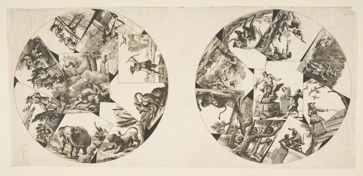 Suunnitelmat lautasille Audrys Illustrationsista La Fontainen taruihin, vuoden 1755 jälkeen. tekijältä Unbekannt