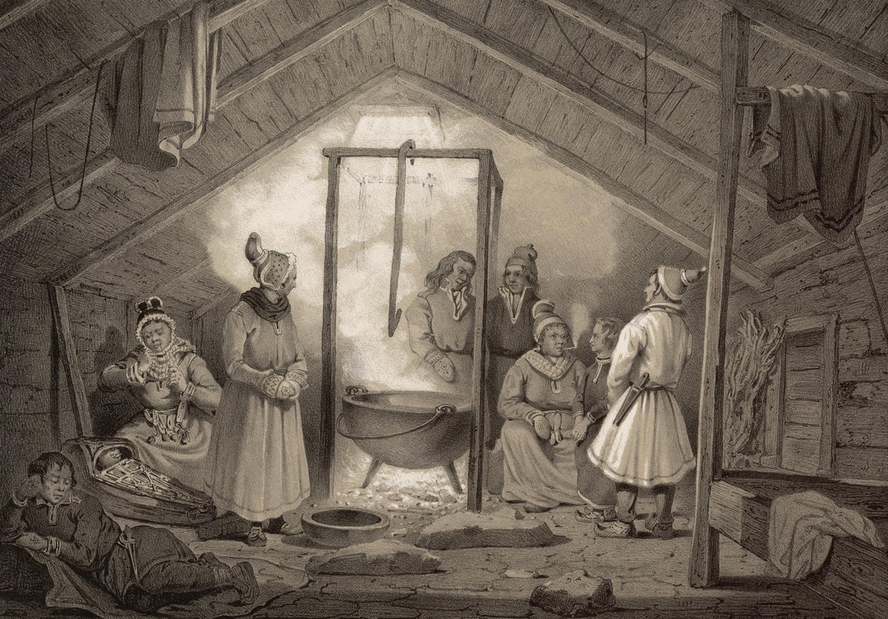 Det indre af en bondehytte in Finmarken. Kuvaus Norge fremstillet ja Tegninger av Asbjørnsen, P.Chr. ja utgitt av Chr. Tønsberg (nro, 1848) Søndagskledte samer i ei årestue. «Træhytter (...) forekomme kun undtagelsesvis, hos Sölapperne tekijältä Unbekannt