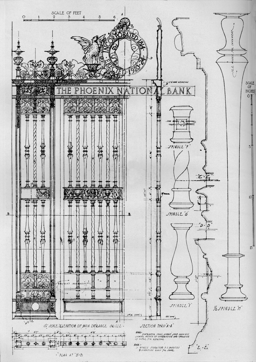 Yksityiskohtainen piirustus pääsisäänkäynnin oven säleikköstä, Phoenix National Bank, 1924 tekijältä Unbekannt
