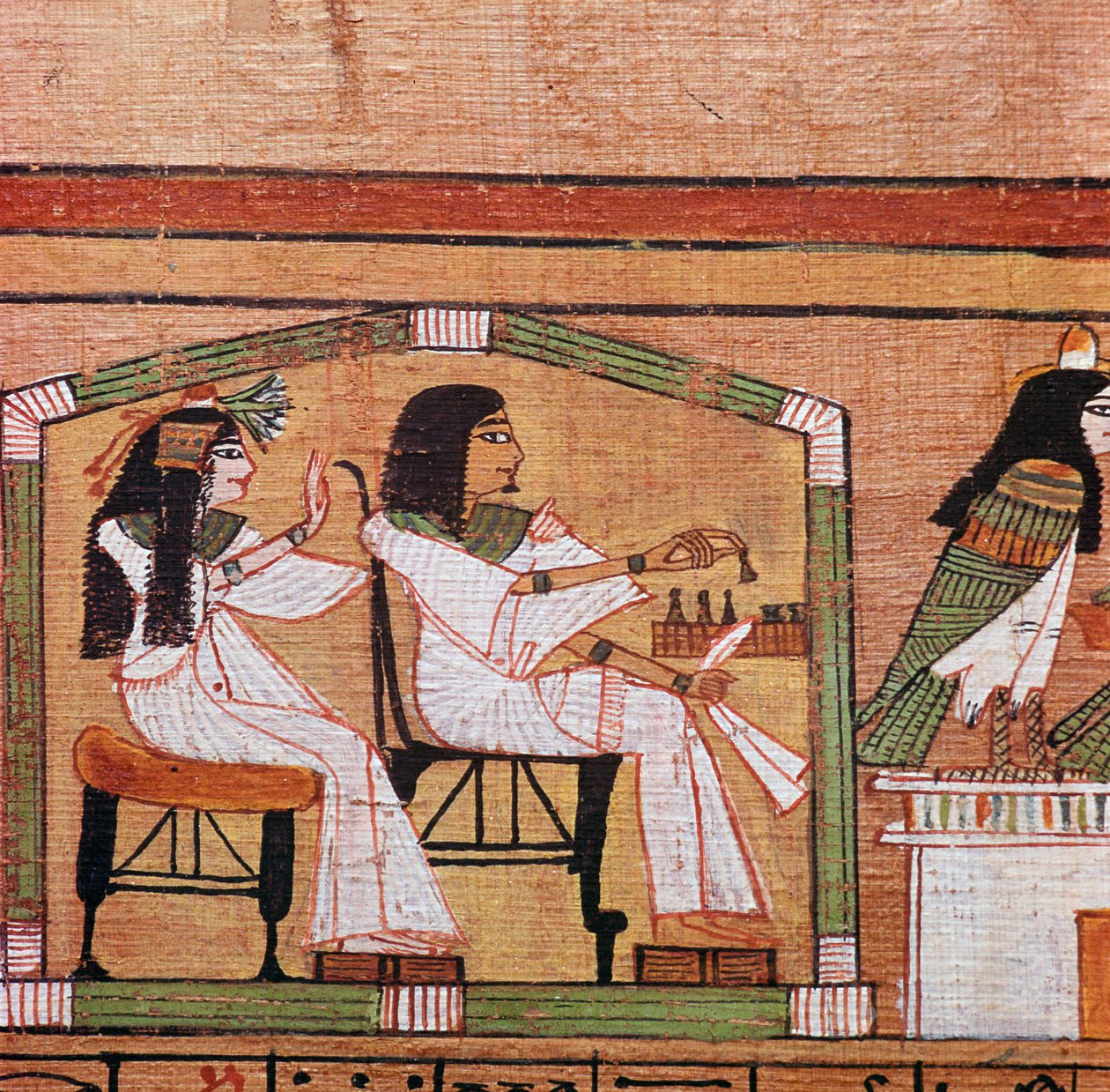 Yksityiskohta egyptiläisestä papyruksesta, jossa näkyy luonnospeli tekijältä Unbekannt