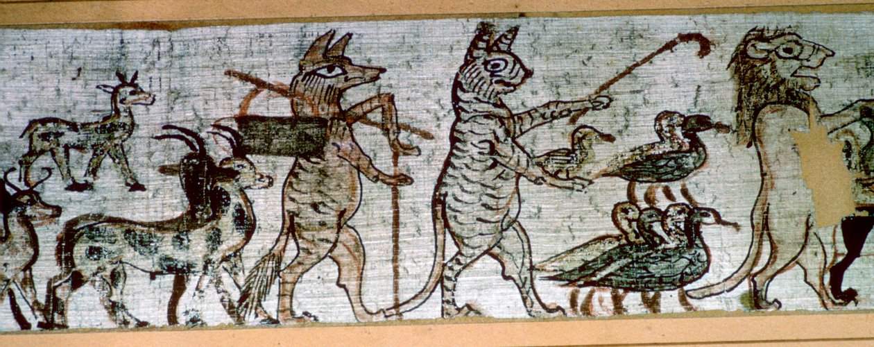 Yksityiskohta egyptiläisestä "satiirisesta papyruksesta" piippua soittavasta ketusta ja johtavia vuohia sekä kissasta tekijältä Unbekannt