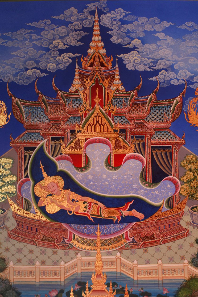 Yksityiskohta seinämaalauksesta Buddhapadipa-temppelin Uposathassa (pyhäkkösali), Wimbledon, Grande-Bretagne tekijältä Unbekannt