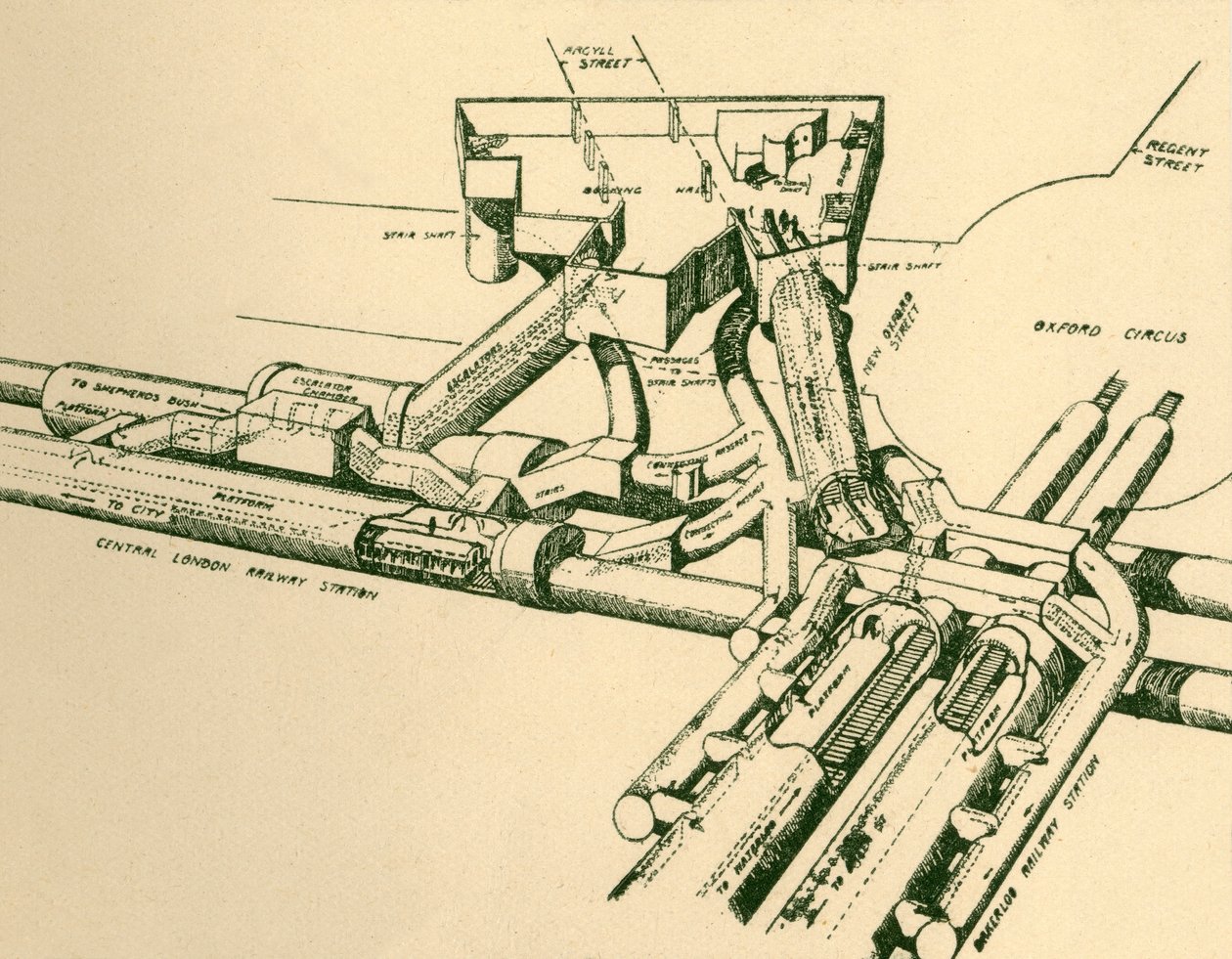 Kaavio uudesta metroasemasta Oxford Circusissa, 1930. tekijältä Unbekannt